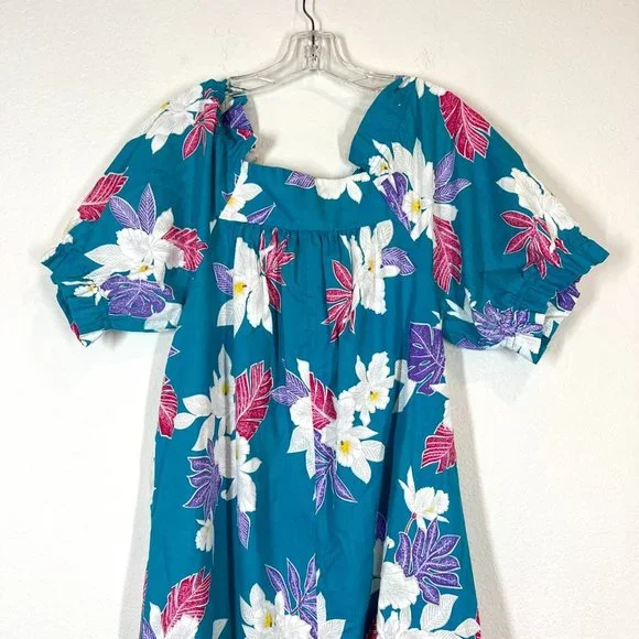 Vintage Hawaiian Maxi Dress Mumu Muumuu Floral Blue Pink White - Picture 5 of 11